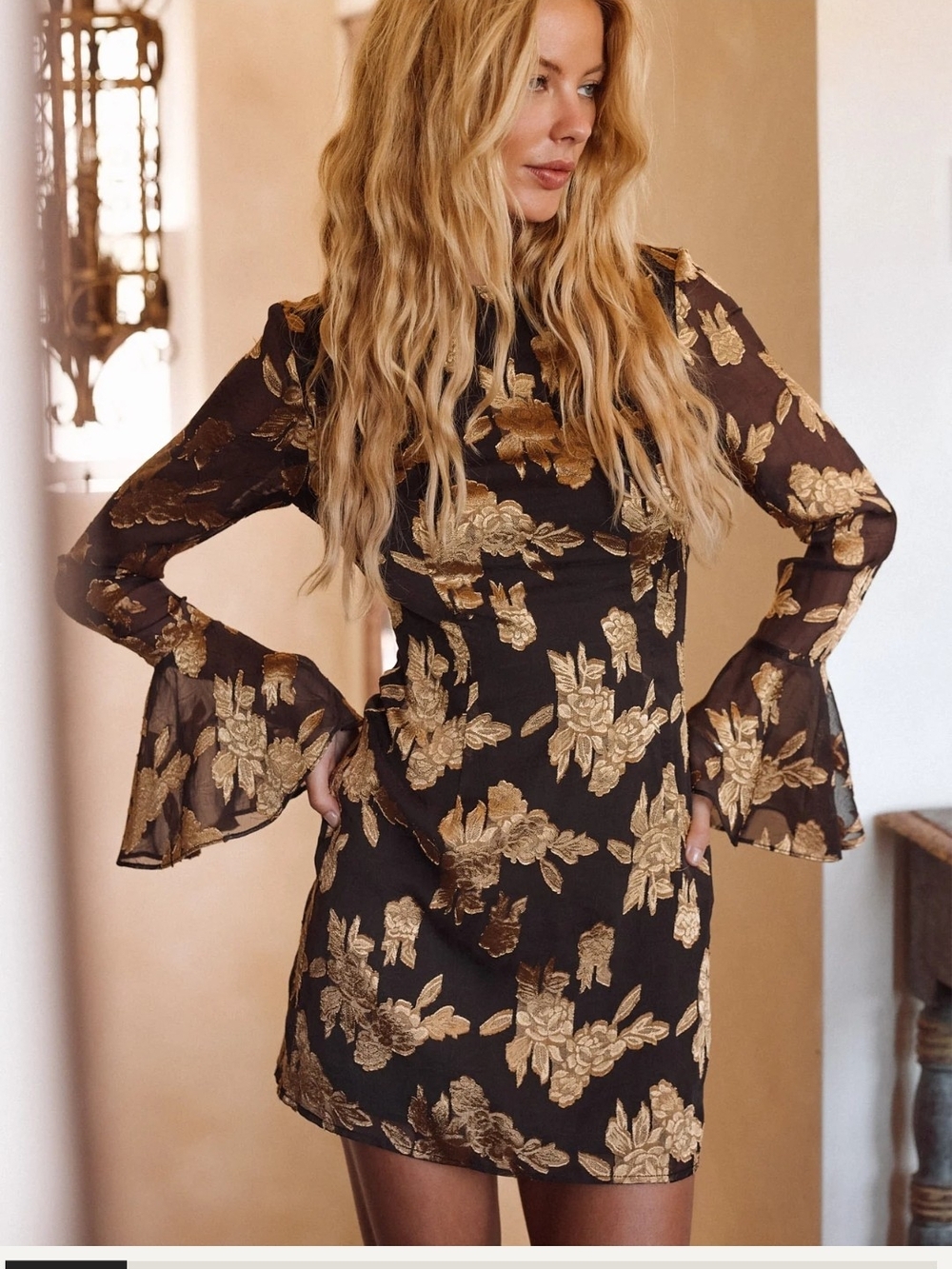 12th Tribe Black Mesh Dress with Gold Floral Appliqué